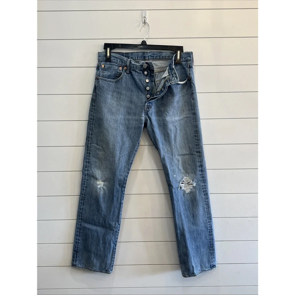 Levis 501 Jeans Mens 34x32 (Act 34x30.5) Blue Button Fly Distressed Straight Cut